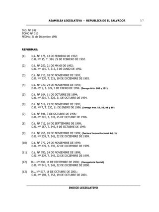 ASAMBLEA LEGISLATIVA - REPUBLICA DE EL SALVADOR       57
      ____________________________________________________________________

D.O. Nº 242
TOMO Nº 313
FECHA: 21 de Diciembre 1991



REFORMAS:

(1)      D.L. Nº 175, 13 DE FEBRERO DE 1992;
         D.O. Nº 35, T. 314, 21 DE FEBRERO DE 1992.

(2)      D.L. Nº 250, 21 DE MAYO DE 1992;
         D.O. Nº 101, T. 315, 3 DE JUNIO DE 1992.

(3)      D.L. Nº 713, 18 DE NOVIEMBRE DE 1993;
         D.O. Nº 230, T. 321, 10 DE DICIEMBRE DE 1993.

(4)      D.L. Nº 720, 24 DE NOVIEMBRE DE 1993;
         D.O. Nº 1, T. 322, 3 DE ENERO DE 1994. (Deroga Arts. 100 y 101)

(5)      D.L. Nº 164, 11 DE OCTUBRE DE 1994;
         D.O. Nº 201, T. 325, 31 DE OCTUBRE DE 1994.

(6)      D.L. Nº 516, 23 DE NOVIEMBRE DE 1995;
         D.O. Nº 7, T. 330, 11 DE ENERO DE 1996. (Deroga Arts. 55, 56, 88 y 89)

(7)      D.L. Nº 841, 3 DE OCTUBRE DE 1996;
         D.O. Nº 201, T. 333, 25 DE OCTUBRE DE 1996.

(8)      D.L. Nº 712, 16 DE SEPTIEMBRE DE 1999;
         D.O. Nº 187, T. 345, 8 DE OCTUBRE DE 1999.

(9)      D.L. Nº 765, 18 DE NOVIEMBRE DE 1999; (Declara Inconstitucional Art. 3)
         D.O. Nº 239, T. 345, 22 DE DICIEMBRE DE 1999.

(10)     D.L. Nº 777, 24 DE NOVIEMBRE DE 1999;
         D.O. Nº 239, T. 345, 22 DE DICIEMBRE DE 1999.

(11)     D.L. Nº 780, 24 DE NOVIEMBRE DE 1999;
         D.O. Nº 239, T. 345, 22 DE DICIEMBRE DE 1999.

(12)    D.L. Nº 230, 14 DE DICIEMBRE DE 2000; (Derogatoria Parcial)
        D.O. Nº 241, T. 349, 22 DE DICIEMBRE DE 2000.

(13)    D.L. Nº 577, 18 DE OCTUBRE DE 2001;
        D.O. Nº 198, T. 353, 19 DE OCTUBRE DE 2001.


      ___________________________________________________________________
                               INDICE LEGISLATIVO
 
