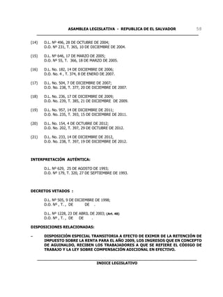 ASAMBLEA LEGISLATIVA - REPUBLICA DE EL SALVADOR       58
    ____________________________________________________________________

(14)   D.L. Nº 496, 28 DE OCTUBRE DE 2004;
       D.O. Nº 231, T. 365, 10 DE DICIEMBRE DE 2004.

(15)   D.L. Nº 646, 17 DE MARZO DE 2005;
       D.O. Nº 55, T. 366, 18 DE MARZO DE 2005.

(16)   D.L. No. 182, 14 DE DICIEMBRE DE 2006;
       D.O. No. 4 , T. 374, 8 DE ENERO DE 2007.

(17)   D.L. No. 504, 7 DE DICIEMBRE DE 2007;
       D.O. No. 238, T. 377, 20 DE DICIEMBRE DE 2007.

(18)   D.L. No. 236, 17 DE DICIEMBRE DE 2009;
       D.O. No. 239, T. 385, 21 DE DICIEMBRE DE 2009.

(19)   D.L. No. 957, 14 DE DICIEMBRE DE 2011;
       D.O. No. 235, T. 393, 15 DE DICIEMBRE DE 2011.

(20)   D.L. No. 154, 4 DE OCTUBRE DE 2012;
       D.O. No. 202, T. 397, 29 DE OCTUBRE DE 2012.

(21)   D.L. No. 233, 14 DE DICIEMBRE DE 2012,
       D.O. No. 238, T. 397, 19 DE DICIEMBRE DE 2012.



INTERPRETACIÓN AUTÉNTICA:

       D.L. Nº 629, 25 DE AGOSTO DE 1993;
       D.O. Nº 179, T. 320, 27 DE SEPTIEMBRE DE 1993.



DECRETOS VETADOS :

       D.L. Nº 505, 9 DE DICIEMBRE DE 1998;
       D.O. Nº , T. , DE      DE .

       D.L. Nº 1228, 23 DE ABRIL DE 2003; (Art. 48)
       D.O. Nº , T. , DE   DE     .

DISPOSICIONES RELACIONADAS:

S      DISPOSICIÓN ESPECIAL TRANSITORIA A EFECTO DE EXIMIR DE LA RETENCIÓN DE
       IMPUESTO SOBRE LA RENTA PARA EL AÑO 2009, LOS INGRESOS QUE EN CONCEPTO
       DE AGUINALDO, RECIBEN LOS TRABAJADORES A QUE SE REFIERE EL CÓDIGO DE
       TRABAJO Y LA LEY SOBRE COMPENSACIÓN ADICIONAL EN EFECTIVO.

    ___________________________________________________________________
                             INDICE LEGISLATIVO
 