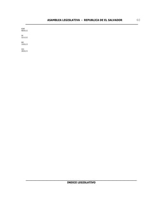 ASAMBLEA LEGISLATIVA - REPUBLICA DE EL SALVADOR       60
     ____________________________________________________________________

ROM
06/01/12


SV
22/11/12


RM
15/01/13


JCH
29/01/13




     ___________________________________________________________________
                              INDICE LEGISLATIVO
 