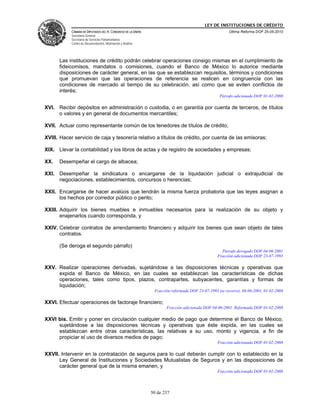 LEY DE INSTITUCIONES DE CRÉDITO
            CÁMARA DE DIPUTADOS DEL H. CONGRESO DE LA UNIÓN                                            Última Reforma DOF 25-05-2010
            Secretaría General
            Secretaría de Servicios Parlamentarios
            Centro de Documentación, Información y Análisis




      Las instituciones de crédito podrán celebrar operaciones consigo mismas en el cumplimiento de
      fideicomisos, mandatos o comisiones, cuando el Banco de México lo autorice mediante
      disposiciones de carácter general, en las que se establezcan requisitos, términos y condiciones
      que promuevan que las operaciones de referencia se realicen en congruencia con las
      condiciones de mercado al tiempo de su celebración, así como que se eviten conflictos de
      interés;
                                                                                                  Párrafo adicionado DOF 01-02-2008

XVI. Recibir depósitos en administración o custodia, o en garantía por cuenta de terceros, de títulos
     o valores y en general de documentos mercantiles;

XVII. Actuar como representante común de los tenedores de títulos de crédito;

XVIII. Hacer servicio de caja y tesorería relativo a títulos de crédito, por cuenta de las emisoras;

XIX. Llevar la contabilidad y los libros de actas y de registro de sociedades y empresas;

XX.   Desempeñar el cargo de albacea;

XXI. Desempeñar la sindicatura o encargarse de la liquidación judicial o extrajudicial de
     negociaciones, establecimientos, concursos o herencias;

XXII. Encargarse de hacer avalúos que tendrán la misma fuerza probatoria que las leyes asignan a
      los hechos por corredor público o perito;

XXIII. Adquirir los bienes muebles e inmuebles necesarios para la realización de su objeto y
       enajenarlos cuando corresponda, y

XXIV. Celebrar contratos de arrendamiento financiero y adquirir los bienes que sean objeto de tales
      contratos.

      (Se deroga el segundo párrafo)
                                                                                                   Párrafo derogado DOF 04-06-2001
                                                                                                 Fracción adicionada DOF 23-07-1993

XXV. Realizar operaciones derivadas, sujetándose a las disposiciones técnicas y operativas que
     expida el Banco de México, en las cuales se establezcan las características de dichas
     operaciones, tales como tipos, plazos, contrapartes, subyacentes, garantías y formas de
     liquidación;
                                                               Fracción reformada DOF 23-07-1993 (se recorre), 04-06-2001, 01-02-2008

XXVI. Efectuar operaciones de factoraje financiero;
                                                                     Fracción adicionada DOF 04-06-2001. Reformada DOF 01-02-2008

XXVI bis. Emitir y poner en circulación cualquier medio de pago que determine el Banco de México,
     sujetándose a las disposiciones técnicas y operativas que éste expida, en las cuales se
     establezcan entre otras características, las relativas a su uso, monto y vigencia, a fin de
     propiciar el uso de diversos medios de pago;
                                                                                                 Fracción adicionada DOF 01-02-2008

XXVII. Intervenir en la contratación de seguros para lo cual deberán cumplir con lo establecido en la
      Ley General de Instituciones y Sociedades Mutualistas de Seguros y en las disposiciones de
      carácter general que de la misma emanen, y
                                                                                                 Fracción adicionada DOF 01-02-2008




                                                              50 de 237
 
