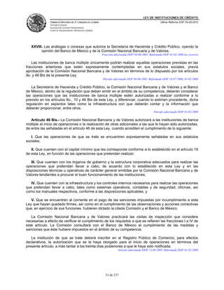 LEY DE INSTITUCIONES DE CRÉDITO
               CÁMARA DE DIPUTADOS DEL H. CONGRESO DE LA UNIÓN                                               Última Reforma DOF 25-05-2010
               Secretaría General
               Secretaría de Servicios Parlamentarios
               Centro de Documentación, Información y Análisis




   XXVIII. Las análogas o conexas que autorice la Secretaría de Hacienda y Crédito Público, oyendo la
         opinión del Banco de México y de la Comisión Nacional Bancaria y de Valores.
                                                                 Fracción adicionada DOF 04-06-2001. Reformada DOF 01-02-2008 (se recorre)

    Las instituciones de banca múltiple únicamente podrán realizar aquellas operaciones previstas en las
fracciones anteriores que estén expresamente contempladas en sus estatutos sociales, previa
aprobación de la Comisión Nacional Bancaria y de Valores en términos de lo dispuesto por los artículos
9o. y 46 Bis de la presente Ley.
                                                                 Párrafo adicionado DOF 04-06-2001. Reformado DOF 18-07-2006, 01-02-2008

   La Secretaría de Hacienda y Crédito Público, la Comisión Nacional Bancaria y de Valores y el Banco
de México, dentro de la regulación que deban emitir en el ámbito de su competencia, deberán considerar
las operaciones que las instituciones de banca múltiple estén autorizadas a realizar conforme a lo
previsto en los artículos 8o., 10 y 46 Bis de esta Ley, y diferenciar, cuando lo estimen procedente, dicha
regulación en aspectos tales como la infraestructura con que deberán contar y la información que
deberán proporcionar, entre otros.
                                                                                                        Párrafo adicionado DOF 01-02-2008

   Artículo 46 Bis.- La Comisión Nacional Bancaria y de Valores autorizará a las instituciones de banca
múltiple el inicio de operaciones o la realización de otras adicionales a las que le hayan sido autorizadas,
de entre las señaladas en el artículo 46 de esta Ley, cuando acrediten el cumplimiento de lo siguiente:

   I. Que las operaciones de que se trate se encuentren expresamente señaladas en sus estatutos
sociales;

   II. Que cuenten con el capital mínimo que les corresponda conforme a lo establecido en el artículo 19
de esta Ley, en función de las operaciones que pretendan realizar;

   III. Que cuenten con los órganos de gobierno y la estructura corporativa adecuados para realizar las
operaciones que pretendan llevar a cabo, de acuerdo con lo establecido en esta Ley y en las
disposiciones técnicas u operativas de carácter general emitidas por la Comisión Nacional Bancaria y de
Valores tendientes a procurar el buen funcionamiento de las instituciones;

   IV. Que cuenten con la infraestructura y los controles internos necesarios para realizar las operaciones
que pretendan llevar a cabo, tales como sistemas operativos, contables y de seguridad, oficinas, así
como los manuales respectivos, conforme a las disposiciones aplicables, y

   V. Que se encuentren al corriente en el pago de las sanciones impuestas por incumplimiento a esta
Ley que hayan quedado firmes, así como en el cumplimiento de las observaciones y acciones correctivas
que, en ejercicio de sus funciones, hubieren dictado la citada Comisión y el Banco de México.

   La Comisión Nacional Bancaria y de Valores practicará las visitas de inspección que considere
necesarias a efecto de verificar el cumplimiento de los requisitos a que se refieren las fracciones I a IV de
este artículo. La Comisión consultará con el Banco de México el cumplimiento de las medidas y
sanciones que éste hubiere impuestos en el ámbito de su competencia.

   La institución de que se trate deberá inscribir en el Registro Público de Comercio, para efectos
declarativos, la autorización que se le haya otorgado para el inicio de operaciones en términos del
presente artículo, a más tardar a los treinta días posteriores a que le haya sido notificada.
                                                                            Artículo adicionado DOF 13-06-2003. Reformado DOF 01-02-2008




                                                                   51 de 237
 