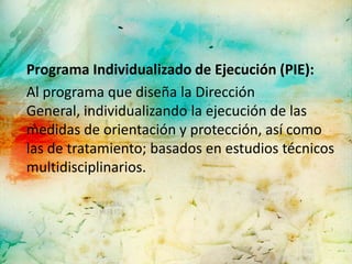 Programa Individualizado de Ejecución (PIE):
Al programa que diseña la Dirección
General, individualizando la ejecución de las
medidas de orientación y protección, así como
las de tratamiento; basados en estudios técnicos
multidisciplinarios.
 