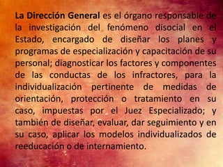 La Dirección General es el órgano responsable de
la investigación del fenómeno disocial en el
Estado, encargado de diseñar los planes y
programas de especialización y capacitación de su
personal; diagnosticar los factores y componentes
de las conductas de los infractores, para la
individualización pertinente de medidas de
orientación, protección o tratamiento en su
caso, impuestas por el Juez Especializado; y
también de diseñar, evaluar, dar seguimiento y en
su caso, aplicar los modelos individualizados de
reeducación o de internamiento.
 