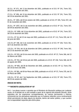 (6) D.L. N° 671, del 13 de diciembre del 2001, publicado en el D.O. N° 241, Tomo 353,
del 20 de diciembre del 2001.

(7) D.L. N° 696, del 19 de diciembre del 2001, publicado en el D.O. N° 241, Tomo 353,
del 20 de diciembre del 2001.

(8) D.L. N° 1003, del 03 de octubre del 2002, publicado en el D.O. N° 205, Tomo 357, del
01 de noviembre del 2002.

(9) D.L. N° 1057, del 21 de noviembre del 2002, publicado en el D.O. N° 321, Tomo 357,
del 09 de diciembre del 2002.

(10) D.L. N° 1099, del 19 de diciembre del 2002, publicado en el D.O. N° 241, Tomo 357,
del 20 de diciembre del 2002.

(11) D.L. N° 18, del 22 de mayo del 2003, publicado en el D.O. N° 112, Tomo 359, del 19
de junio del 2003.

(12) D.L.N° 188, del 6 de noviembre del 2003, publicado en el D.O. N° 228, Tomo 361,
del 5 de diciembre del 2003.

(13) D.L. N° 554, del 16 de diciembre del 2004, publicado en el D.O. N° 240, Tomo 365,
del 23 de diciembre del 2004.

(14) D.L. Nº 593, del 26 de enero del 2005, publicado en el D.O. Nº 37, Tomo 366, del 22
de febrero del 2005.

(15) D.L. Nº 763, del 28 de julio del 2005, publicado en el D.O. Nº 158, Tomo 368, del 29
de agosto del 2005.

(16) D.L. Nº 882, del 09 de Diciembre del 2005, publicado en el D.O. Nº 12, Tomo 370,
del 18 de Enero del 2006.

(17) D.L. Nº 981, del 09 de Marzo del 2006, publicado en el D.O. Nº 57, Tomo 370, del 22
de Marzo del 2006.

(18) D.L. N° 87, del 7 de Septiembre del 2006, publicado en el D.O. N° 183, Tomo 373,
del 03 de octubre del 2006.

INICIO DE NOTA:

***DECRETO LEGISLATIVO N° 87

Art.1.- Las plazas nuevas o vacantes que el Ministerio de Educación publique por cualquier
causa, en el período de un año contado a partir de la vigencia del presente Decreto, serán
asignados por los organismos correspondientes, de manera permanente o interina,
únicamente por los educadores aspirantes que no hubieren obtenido nunca nombramiento
oficial permanente de plaza alguna de docente, dentro del sector público, y que cuenten
con la especialidad requerida para dicha plaza.


                                                                                       48
 