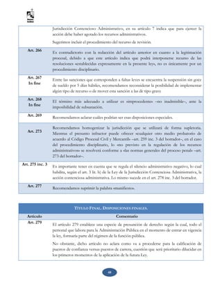 48
Jurisdicción Contencioso Administrativo, en su artículo 7 indica que para ejercer la
acción debe haber agotado los recursos administrativos.
Sugerimos incluir el procedimiento del recurso de revisión.
Art. 266 Es contradictorio con la redacción del artículo anterior en cuanto a la legitimación
procesal, debido a que este artículo indica que podrá interponerse recurso de las
resoluciones «establecidas expresamente en la presente ley», no es únicamente por un
procedimiento disciplinario.
Art. 267
In fine
Entre las sanciones que corresponden a faltas leves se encuentra la suspensión sin goce
de sueldo por 5 días hábiles, recomendamos reconsiderar la posibilidad de implementar
algún tipo de recurso o de mover esta sanción a las de tipo grave
Art. 268
In fine
El término más adecuado a utilizar es «improcedente» –no inadmisible–, ante la
imposibilidad de subsanación.
Art. 269 Recomendamos aclarar cuáles podrían ser esas disposiciones especiales.
Art. 273
Recomendamos homogenizar la jurisdicción que se utilizará de forma supletoria.
Mientras el presunto infractor puede ofrecer «cualquier otro medio probatorio de
acuerdo al Código Procesal Civil y Mercantil» –art. 259 inc. 3 del borrador–, en el caso
del procedimiento disciplinario, lo «no previsto en la regulación de los recursos
administrativos» se resolverá conforme a «las normas generales del proceso penal» –art.
273 del borrador–.
Art. 275 inc. 3 Es importante tener en cuenta que se regula el silencio administrativo negativo, lo cual
habilita, según el art. 3 lit. b) de la Ley de la Jurisdicción Contenciosa Administrativa, la
acción contenciosa administrativa. Lo mismo sucede en el art. 278 inc. 3 del borrador.
Art. 277 Recomendamos suprimir la palabra «manifiesto».
TÍTULO FINAL. DISPOSICIONES FINALES.
Artículo Comentario
Art. 279 El artículo 279 establece una especie de presunción de derecho según la cual, todo el
personal que labora para la Administración Pública en el momento de entrar en vigencia
la ley, formaría parte del régimen de la función pública.
No obstante, dicho artículo no aclara como va a procederse para la calificación de
puestos de confianza versus puestos de carrera, cuestión que será prioritario dilucidar en
los primeros momentos de la aplicación de la futura Ley.
 