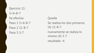 Ejercicio 11:
5+6-8-7
Se efectúa
Paso 1 5+6-8-7
Paso 2 11-8-7
Paso 3 3-7
Queda
Se realiza los dos primeros
(4) 11-8-7
nuevamente se realiza lo
mismo (4) 3-7
resultado -4
 