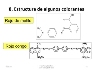 8. Estructura de algunos colorantes
10/25/15
Free Template from
www.brainybetty.com
18
Rojo de metilo
Rojo congo
 