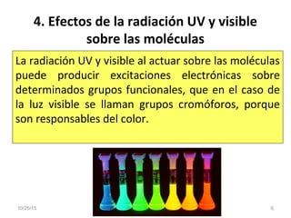 4. Efectos de la radiación UV y visible
sobre las moléculas
La radiación UV y visible al actuar sobre las moléculas
puede producir excitaciones electrónicas sobre
determinados grupos funcionales, que en el caso de
la luz visible se llaman grupos cromóforos, porque
son responsables del color.
10/25/15
Free Template from
www.brainybetty.com
6
 