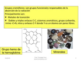 Grupos cromóforos: son grupos funcionales responsables de la
absorción de la radiación
Principalmente son:
Metales de transición
Dobles y triples enlaces C-C, sistemas aromáticos, grupo carbonilo,
imino -C=N, nitro y enlaces C-Y donde Y es un átomo con pares libres.
10/25/15
Free Template from
www.brainybetty.com
7
Grupo hemo de
la hemoglobina Minerales
 