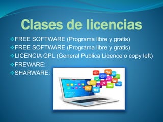 Clases de licencias
FREE SOFTWARE (Programa libre y gratis)
FREE SOFTWARE (Programa libre y gratis)
LICENCIA GPL (General Publica Licence o copy left)
FREWARE:
SHARWARE:
 
