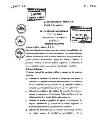 Ley de la reeforma magisterial  aprobada por el congreso de la republica 23 11-2012