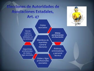 Miembros de
Asamblea
General
Electores
Clubes
asociados
Atletas
pertenecientes
a la Asociación
Árbitros,
entrenadores
y personal
técnico
Clubes y ligas
profesionales
asociados
Deportistas
profesionales
de clubes y
ligas asociadas
Demás
sujetos y
colectivos
señalados en
los estatutos
 
