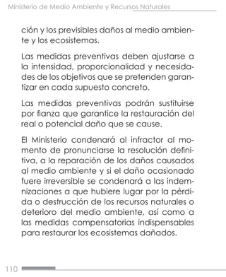 110
Ministerio de Medio Ambiente y Recursos Naturales
ción y los previsibles daños al medio ambien-
te y los ecosistemas.
Las medidas preventivas deben ajustarse a
la intensidad, proporcionalidad y necesida-
des de los objetivos que se pretenden garan-
tizar en cada supuesto concreto.
Las medidas preventivas podrán sustituirse
por fianza que garantice la restauración del
real o potencial daño que se cause.
El Ministerio condenará al infractor al mo-
mento de pronunciarse la resolución defini-
tiva, a la reparación de los daños causados
al medio ambiente y si el daño ocasionado
fuere irreversible se condenará a las indem-
nizaciones a que hubiere lugar por la pérdi-
da o destrucción de los recursos naturales o
deterioro del medio ambiente, así como a
las medidas compensatorias indispensables
para restaurar los ecosistemas dañados.
 