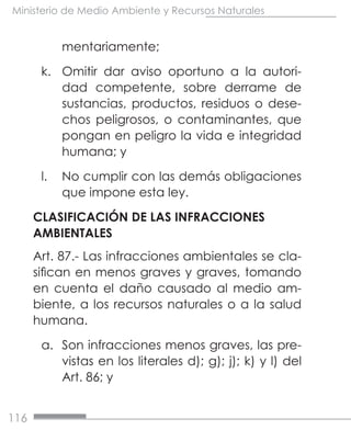 116
Ministerio de Medio Ambiente y Recursos Naturales
mentariamente;
k.	 Omitir dar aviso oportuno a la autori-
dad competente, sobre derrame de
sustancias, productos, residuos o dese-
chos peligrosos, o contaminantes, que
pongan en peligro la vida e integridad
humana; y
l.	 No cumplir con las demás obligaciones
que impone esta ley.
CLASIFICACIÓN DE LAS INFRACCIONES
AMBIENTALES
Art. 87.- Las infracciones ambientales se cla-
sifican en menos graves y graves, tomando
en cuenta el daño causado al medio am-
biente, a los recursos naturales o a la salud
humana.
a.	 Son infracciones menos graves, las pre-
vistas en los literales d); g); j); k) y l) del
Art. 86; y
 