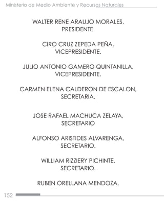 152
Ministerio de Medio Ambiente y Recursos Naturales
WALTER RENE ARAUJO MORALES,
PRESIDENTE.
CIRO CRUZ ZEPEDA PEÑA,
VICEPRESIDENTE.
JULIO ANTONIO GAMERO QUINTANILLA,
VICEPRESIDENTE.
CARMEN ELENA CALDERON DE ESCALON,
SECRETARIA.
JOSE RAFAEL MACHUCA ZELAYA,
SECRETARIO
ALFONSO ARISTIDES ALVARENGA,
SECRETARIO.
WILLIAM RIZZIERY PICHINTE,
SECRETARIO.
RUBEN ORELLANA MENDOZA,
 