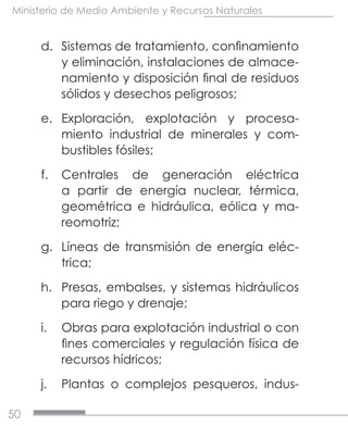 50
Ministerio de Medio Ambiente y Recursos Naturales
d.	 Sistemas de tratamiento, confinamiento
y eliminación, instalaciones de almace-
namiento y disposición final de residuos
sólidos y desechos peligrosos;
e.	 Exploración, explotación y procesa-
miento industrial de minerales y com-
bustibles fósiles;
f.	 Centrales de generación eléctrica
a partir de energía nuclear, térmica,
geométrica e hidráulica, eólica y ma-
reomotriz;
g.	 Líneas de transmisión de energía eléc-
trica;
h.	 Presas, embalses, y sistemas hidráulicos
para riego y drenaje;
i.	 Obras para explotación industrial o con
fines comerciales y regulación física de
recursos hídricos;
j.	 Plantas o complejos pesqueros, indus-
 