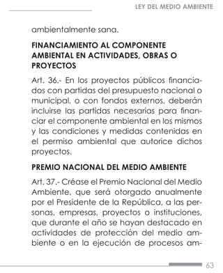 63
LEY DEL MEDIO AMBIENTE
ambientalmente sana.
FINANCIAMIENTO AL COMPONENTE
AMBIENTAL EN ACTIVIDADES, OBRAS O
PROYECTOS
Art. 36.- En los proyectos públicos financia-
dos con partidas del presupuesto nacional o
municipal, o con fondos externos, deberán
incluirse las partidas necesarias para finan-
ciar el componente ambiental en los mismos
y las condiciones y medidas contenidas en
el permiso ambiental que autorice dichos
proyectos.
PREMIO NACIONAL DEL MEDIO AMBIENTE
Art. 37.- Créase el Premio Nacional del Medio
Ambiente, que será otorgado anualmente
por el Presidente de la República, a las per-
sonas, empresas, proyectos o instituciones,
que durante el año se hayan destacado en
actividades de protección del medio am-
biente o en la ejecución de procesos am-
 