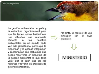 La gestión ambiental en el país y la estructura organizacional para ese fin tienen serias limitaciones que dificultan una respuesta eficiente a los desafíos ambientales en un mundo cada vez más globalizado, por lo que la dispersión y la escasa integración y coordinación son problemas que deben resolverse en beneficio de la gestión ambiental, la que debe velar por el buen uso de los recursos y revertir los procesos de deterioro ambiental.Por tanto, se requiere de una institución con el nivel jerárquico.MINISTERIO