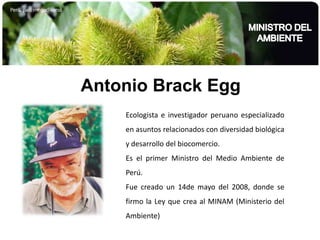 MINISTRO DEL AMBIENTEAntonio BrackEggEcologista e investigador peruano especializado en asuntos relacionados con diversidad biológica y desarrollo del biocomercio. Es el primer Ministro del Medio Ambiente de Perú.Fue creado un 14de mayo del 2008, donde se firmo la Ley que crea al MINAM (Ministerio del Ambiente)