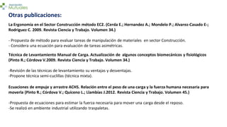 Otras publicaciones:
La Ergonomía en el Sector Construcción método EC2. (Cerda E.; Hernandez A.; Mondelo P.; Alvarez-Casado E-;
Rodriguez C. 2009. Revista Ciencia y Trabajo. Volumen 34.)
- Propuesta de método para evaluar tareas de manipulación de materiales en sector Construcción.
- Considera una ecuación para evaluación de tareas asimétricas.
Técnica de Levantamiento Manual de Carga. Actualización de algunos conceptos biomecánicos y fisiológicos
(Pinto R.; Córdova V.2009. Revista Ciencia y Trabajo. Volumen 34.)
-Revisión de las técnicas de levantamiento su ventajas y desventajas.
-Propone técnica semi-cuclillas (técnica mixta).
Ecuaciones de empuje y arrastre ACHS. Relación entre el peso de una carga y la fuerza humana necesaria para
moverla (Pinto R.; Córdova V.; Quiceno L.; Llambías J.2012. Revista Ciencia y Trabajo. Volumen 45.)
-Propuesta de ecuaciones para estimar la fuerza necesaria para mover una carga desde el reposo.
-Se realizó en ambiente industrial utilizando traspaletas.
 