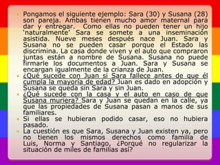 Pongamos el siguiente ejemplo: Sara (30) y Susana (28) son pareja. Ambas tienen mucho amor maternal para dar y entregar.  Como ellas no pueden tener un hijo ‘naturalmente’ Sara se somete a una inseminación asistida. Nueve meses después nace Juan. Sara y Susana no se pueden casar porque el Estado las discrimina. La casa donde viven y el auto que compraron juntas están a nombre de Susana. Susana no puede firmarle los documentos a Juan. Sara y Susana se encargan igualmente de la crianza de Juan.¿Qué sucede con Juan si Sara fallece antes de que él cumpla la mayoría de edad? Juan es dado en adopción y Susana se queda sin Sara y sin Juan.¿Qué sucede con la casa y el auto en caso de que Susana muriera? Sara y Juan se quedan en la calle, ya que las propiedades de Susana pasan a manos de sus familiares.Si ellas se hubieran podido casar, eso no hubiera pasado.La cuestión es que Sara, Susana y Juan existen ya, pero no tienen los mismos derechos como familia de Luis, Norma y Santiago, ¿Porqué no regularizar la situación de miles de familias así?