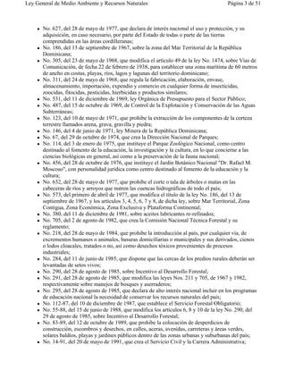Ley General de Medio Ambiente y Recursos Naturales                                        Página 3 de 51



    !   No. 627, del 28 de mayo de 1977, que declara de interés nacional el uso y protección, y su
        adquisición, en caso necesario, por parte del Estado de todas o parte de las tierras
        comprendidas en las áreas cordilleranas;
    !   No. 186, del 13 de septiembre de 1967, sobre la zona del Mar Territorial de la República
        Dominicana;
    !   No. 305, del 23 de mayo de 1968, que modifica el artículo 49 de la ley No. 1474, sobre Vías de
        Comunicación, de fecha 22 de febrero de 1938, para establecer una zona marítima de 60 metros
        de ancho en costas, playas, ríos, lagos y lagunas del territorio dominicano;
    !   No. 311, del 24 de mayo de 1968, que regula la fabricación, elaboración, envase,
        almacenamiento, importación, expendio y comercio en cualquier forma de insecticidas,
        zoocidas, fitocidas, pesticidas, hierbicidas y productos similares;
    !   No. 531, del 11 de diciembre de 1969, ley Orgánica de Presupuesto para el Sector Público;
    !   No. 487, del 15 de octubre de 1969, de Control de la Explotación y Conservación de las Aguas
        Subterráneas;
    !   No. 123, del 10 de mayo de 1971, que prohibe la extracción de los componentes de la corteza
        terrestre llamados arena, grava, gravilla y piedra;
    !   No. 146, del 4 de junio de 1971, ley Minera de la República Dominicana;
    !   No. 67, del 29 de octubre de 1974, que crea la Dirección Nacional de Parques;
    !   No. 114, del 3 de enero de 1975, que instituye el Parque Zoológico Nacional, como centro
        destinado al fomento de la educación, la investigación y la cultura, en lo que concierne a las
        ciencias biológicas en general, así como a la preservación de la fauna nacional;
    !   No. 456, del 28 de octubre de 1976, que instituye el Jardín Botánico Nacional "Dr. Rafael M.
        Moscoso", con personalidad jurídica como centro destinado al fomento de la educación y la
        cultura;
    !   No. 632, del 28 de mayo de 1977, que prohibe el corte o tala de árboles o matas en las
        cabeceras de ríos y arroyos que nutren las cuencas hidrográficas de todo el país;
    !   No. 573, del primero de abril de 1977, que modifica el título de la ley No. 186, del 13 de
        septiembre de 1967, y los artículos 3, 4, 5, 6, 7 y 8, de dicha ley, sobre Mar Territorial, Zona
        Contigua, Zona Económica, Zona Exclusiva y Plataforma Continental;
    !   No. 380, del 11 de diciembre de 1981, sobre aceites lubricantes re-refinados;
    !   No. 705, del 2 de agosto de 1982, que crea la Comisión Nacional Técnica Forestal y su
        reglamento;
    !   No. 218, del 28 de mayo de 1984, que prohibe la introducción al país, por cualquier vía, de
        excrementos humanos o animales, basuras domiciliarias o municipales y sus derivados, cienos
        o lodos cloacales, tratados o no, así como desechos tóxicos provenientes de procesos
        industriales;
    !   No. 284, del 11 de junio de 1985, que dispone que las cercas de los predios rurales deberán ser
        levantadas de setos vivos;
    !   No. 290, del 28 de agosto de 1985, sobre Incentivo al Desarrollo Forestal;
    !   No. 291, del 28 de agosto de 1985, que modifica las leyes Nos. 211 y 705, de 1967 y 1982,
        respectivamente sobre manejos de bosques y aserraderos;
    !   No. 295, del 28 de agosto de 1985, que declara de alto interés nacional incluir en los programas
        de educación nacional la necesidad de conservar los recursos naturales del país;
    !   No. 112-87, del 10 de diciembre de 1987, que establece el Servicio Forestal Obligatorio;
    !   No. 55-88, del 15 de junio de 1988, que modifica los artículos 6, 8 y 10 de la ley No. 290, del
        29 de agosto de 1985, sobre Incentivo al Desarrollo Forestal;
    !   No. 83-89, del 12 de octubre de 1989, que prohibe la colocación de desperdicios de
        construcción, escombros y desechos, en calles, aceras, avenidas, carreteras y áreas verdes,
        solares baldíos, playas y jardines públicos dentro de las zonas urbanas y suburbanas del país;
    !   No. 14-91, del 20 de mayo de 1991, que crea el Servicio Civil y la Carrera Administrativa;
 