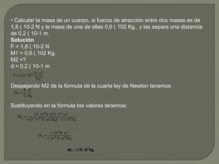 • Calcular la masa de un cuerpo, si fuerza de atracción entre dos masas es de
1,8 ( 10-2 N y la masa de una de ellas 0,6 ( 102 Kg., y las separa una distancia
de 0,2 ( 10-1 m.
Solución
F = 1,8 ( 10-2 N
M1 = 0,6 ( 102 Kg.
M2 =?
d = 0,2 ( 10-1 m
Despejando M2 de la fórmula de la cuarta ley de Newton tenemos
Sustituyendo en la fórmula los valores tenemos:
 