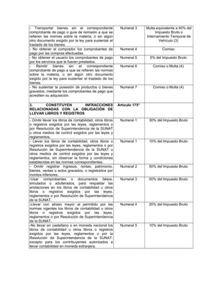- Transportar bienes sin el correspondiente
comprobante de pago o guía de remisión a que se
refieren las normas sobre la materia, o sin algún
otro documento exigido por la ley para sustentar el
traslado de los bienes.
Numeral 3 Multa equivalente a 40% del
Impuesto Bruto o
Internamiento Temporal de
Vehículo (3)
- No obtener el comprador los comprobantes de
pago por las compras efectuadas.
Numeral 4 Comiso
- No obtener el usuario los comprobantes de pago
por los servicios que le fueran prestados.
Numeral 5 5% del Impuesto Bruto
- Remitir bienes sin el correspondiente
comprobante de pago a que se refieren las normas
sobre la materia, o sin algún otro documento
exigido por la ley para sustentar el traslado de los
bienes.
Numeral 6 Comiso o Multa (4)
- No sustentar la posesión de productos o bienes
gravados, mediante los comprobantes de pago que
acrediten su adquisición.
Numeral 7 Comiso o Multa (4)
3. CONSTITUYEN INFRACCIONES
RELACIONADAS CON LA OBLIGACIÓN DE
LLEVAR LIBROS Y REGISTROS
Artículo 175°
- Omitir llevar los libros de contabilidad, otros libros
o registros exigidos por las leyes, reglamentos o
por Resolución de Superintendencia de la SUNAT
u otros medios de control exigidos por las leyes y
reglamentos.
Numeral 1 30% del Impuesto Bruto
- Llevar los libros de contabilidad, otros libros o
registros exigidos por las leyes, reglamentos o por
Resolución de Superintendencia de la SUNAT u
otros medios de control exigidos por las leyes y
reglamentos, sin observar la forma y condiciones
establecidas en las normas correspondientes.
Numeral 1 10% del Impuesto Bruto
- Omitir registrar ingresos, rentas, patrimonio,
bienes, ventas o actos gravados, o registrarlos por
montos inferiores.
Numeral 2 50% del Impuesto Bruto
-Usar comprobantes o documentos falsos,
simulados o adulterados, para respaldar las
anotaciones en los libros de contabilidad u otros
libros o registros exigidos por las leyes,
reglamentos o por Resolución de Superintendencia
de la SUNAT.
Numeral 3 50% del Impuesto Bruto
-Llevar con atraso mayor al permitido por las
normas vigentes los libros de contabilidad u otros
libros o registros exigidos por las leyes,
reglamentos o por Resolución de Superintendencia
de la SUNAT.
Numeral 4 20% del Impuesto Bruto
-No llevar en castellano o en moneda nacional los
libros de contabilidad u otros libros o registros
exigidos por las leyes, reglamentos o por la
Resolución de Superintendencia de la SUNAT,
excepto para los contribuyentes autorizados a
llevar contabilidad en moneda extranjera.
Numeral 5 10% del Impuesto Bruto
 