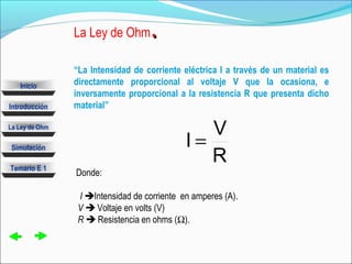 Simulación
La Ley de Ohm
Introducción
Temario E 1
Inicio
Donde:
I Intensidad de corriente en amperes (A).
V  Voltaje en volts (V)
R  Resistencia en ohms (Ω).
R
V
I =
“La Intensidad de corriente eléctrica I a través de un material es
directamente proporcional al voltaje V que la ocasiona, e
inversamente proporcional a la resistencia R que presenta dicho
material”
La Ley de Ohm..
 
