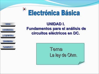 Simulación
La Ley de Ohm
Introducción
Temario E 1
Inicio UNIDAD I.UNIDAD I.
Fundamentos para el análisis deFundamentos para el análisis de
circuitos eléctricos en DC.circuitos eléctricos en DC.
TemaTema
La ley de OhmLa ley de Ohm..
 
