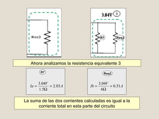 A
V
Ia 03.2
5.1
04.3
=
Ω
=
R7 Req3
A
V
Ib 51.0
6
04.3
=
Ω
=
R7 Req3
Ahora analizamos la resistencia equivalente 3
La suma de las dos corrientes calculadas es igual a la
corriente total en esta parte del circuito
 
