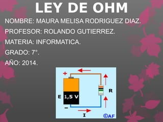 LEY DE OHM
NOMBRE: MAURA MELISA RODRIGUEZ DIAZ.
PROFESOR: ROLANDO GUTIERREZ.
MATERIA: INFORMATICA.
GRADO: 7°.
AÑO: 2014.
 