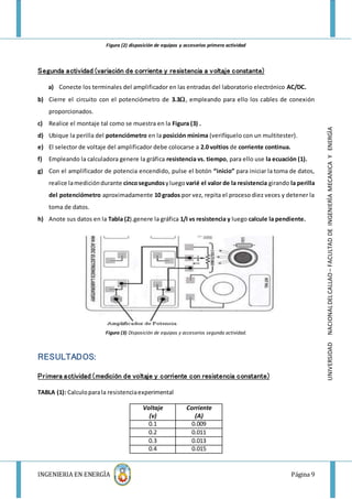 INGENIERIA EN ENERGÌA Página 9
UNIVERSIDADNACIONALDELCALLAO–FACULTADDEINGENIERÌAMECANICAYENERGÌA
Figura (2) disposición de equipos y accesorios primera actividad
Segunda actividad (variación de corriente y resistencia a voltaje constante)
a) Conecte los terminales del amplificador en las entradas del laboratorio electrónico AC/DC.
b) Cierre el circuito con el potenciómetro de 3.3, empleando para ello los cables de conexión
proporcionados.
c) Realice el montaje tal como se muestra en la Figura (3) .
d) Ubique la perilla del potenciómetro en la posición mínima (verifíquelo con un multitester).
e) El selector de voltaje del amplificador debe colocarse a 2.0 voltios de corriente continua.
f) Empleando la calculadora genere la gráfica resistencia vs. tiempo, para ello use la ecuación (1).
g) Con el amplificador de potencia encendido, pulse el botón “inicio” para iniciar la toma de datos,
realice lamedicióndurante cincosegundosyluegovarié el valor de la resistencia girando la perilla
del potenciómetro aproximadamente 10 grados por vez, repita el proceso diez veces y detener la
toma de datos.
h) Anote sus datos en la Tabla (2).genere la gráfica 1/I vs resistencia y luego calcule la pendiente.
Figura (3) Disposición de equipos y accesorios segunda actividad.
RESULTADOS:
Primera actividad (medición de voltaje y corriente con resistencia constante)
TABLA (1): Calculoparala resistenciaexperimental
Voltaje
(v)
Corriente
(A)
0.1 0.009
0.2 0.011
0.3 0.013
0.4 0.015
 
