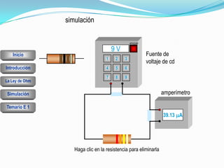 Simulación
La Ley de Ohm
Introducción
Temario E 1
Inicio
9 V
39.13 mA
APAGAR
1
5
7
2 3
4 6
8 9
Haga clic en la resistencia para eliminarla
Fuente de
voltaje de cd
amperímetro
simulación
 