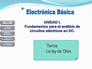 Simulación
La Ley de Ohm
Introducción
Temario E 1
Inicio UNIDAD I.
Fundamentos para el análisis de
circuitos eléctricos en DC.
Tema
La ley de Ohm.
 