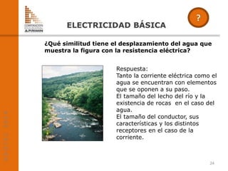 Respuesta:
Tanto la corriente eléctrica como el
agua se encuentran con elementos
que se oponen a su paso.
El tamaño del lecho del río y la
existencia de rocas en el caso del
agua.
El tamaño del conductor, sus
características y los distintos
receptores en el caso de la
corriente.
24
¿Qué similitud tiene el desplazamiento del agua que
muestra la figura con la resistencia eléctrica?
 
