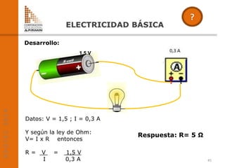 Desarrollo:
Datos: V = 1,5 ; I = 0,3 A
Y según la ley de Ohm:
V= I x R entonces
R = V = 1,5 V
I 0,3 A 45
Respuesta: R= 5 Ω
1,5 V
 
