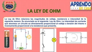 La Ley de Ohm relaciona las magnitudes de voltaje, resistencia e intensidad de la
siguiente manera. Su enunciado es el siguiente: Ley de Ohm. La intensidad de corriente
que atraviesa un circuito es directamente proporcional al voltaje o tensión del mismo e
inversamente proporcional a la resistencia que presenta.
 