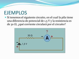 EJEMPLOS
 Si tenemos el siguiente circuito, en el cual la pila tiene

una diferencia de potencial de 1,5 V y la resistencia es
de 30 Ω, ¿qué corriente circulará por el circuito?

 