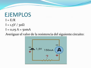 EJEMPLOS
I = E/R
I = 1,5V / 30Ω
I = 0,05 A = 50mA
Averiguar el valor de la resistencia del siguiente circuito:

 