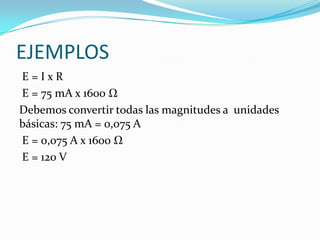 EJEMPLOS
E=IxR
E = 75 mA x 1600 Ω
Debemos convertir todas las magnitudes a unidades
básicas: 75 mA = 0,075 A
E = 0,075 A x 1600 Ω
E = 120 V

 