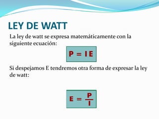 LEY DE WATT
La ley de watt se expresa matemáticamente con la
siguiente ecuación:

Si despejamos E tendremos otra forma de expresar la ley
de watt:

 