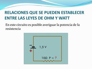 RELACIONES QUE SE PUEDEN ESTABLECER
ENTRE LAS LEYES DE OHM Y WATT
En este circuito es posible averiguar la potencia de la
resistencia

 