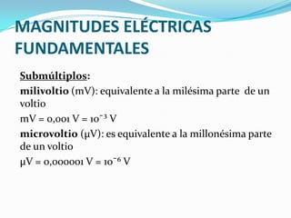 MAGNITUDES ELÉCTRICAS
FUNDAMENTALES
Submúltiplos:
milivoltio (mV): equivalente a la milésima parte de un
voltio
mV = 0,001 V = 10¯³ V
microvoltio (μV): es equivalente a la millonésima parte
de un voltio
μV = 0,000001 V = 10¯⁶ V

 