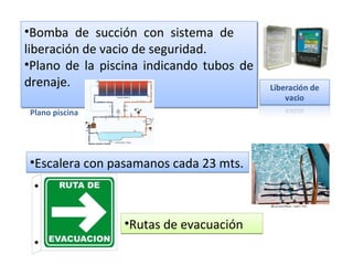 •Bomba de succión con sistema de
liberación de vacio de seguridad.
•Plano de la piscina indicando tubos de
drenaje.

Plano piscina




•Escalera con pasamanos cada 23 mts.



                •Rutas de evacuación
 