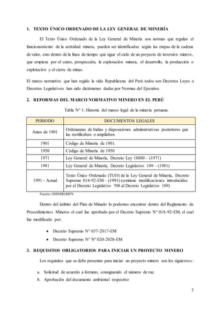 3
1. TEXTO ÚNICO ORDENADO DE LA LEY GENERAL DE MINERÍA
El Texto Único Ordenado de la Ley General de Minería son normas que regulan el
funcionamiento de la actividad minera, pueden ser identificadas según las etapas de la cadena
de valor, esto dentro de la línea de tiempo que sigue el ciclo de un proyecto de inversión minero,
que empieza por el cateo, prospección, la exploración minera, el desarrollo, la producción o
explotación y el cierre de minas.
El marco normativo que han regido la vida Republicana del Perú todos son Decretos Leyes o
Decretos Legislativos han sido dictámenes dadas por Normas del Ejecutivo.
2. REFORMAS DEL MARCO NORMATIVO MINERO EN EL PERÚ
Tabla N° 1. Historia del marco legal de la minería peruana.
PERIODO DOCUMENTOS LEGALES
Antes de 1901
Ordenanzas de Indias y disposiciones administrativas posteriores que
las rectificaban o ampliaban.
1901 Código de Minería de 1901.
1950 Código de Minería de 1950
1971 Ley General de Minería, Decreto Ley 18880 – (1971)
1981 Ley General de Minería, Decreto Legislativo 109 – (1981)
1991 - Actual
Texto Único Ordenado (TUO) de la Ley General de Minería, Decreto
Supremo 014-92-EM – (1991) (contiene modificaciones introducidas
por el Decreto Legislativo 708 al Decreto Legislativo 109)
Fuente: OSINERGMIN
Dentro del ámbito del Plan de Minado lo podemos encontrar dentro del Reglamento de
Procedimientos Mineros el cual fue aprobado por el Decreto Supremo N° 018-92-EM, el cual
fue modificado por:
 Decreto Supremo N° 037-2017-EM
 Decreto Supremo N° Nº 020-2020-EM
3. REQUISITOS OBLIGATORIOS PARA INICIAR UN PROYECTO MINERO
Los requisitos que se debe presentar para iniciar un proyecto minero son los siguientes:
a. Solicitud de acuerdo a formato, consignando el número de ruc.
b. Aprobación del documento ambiental respectivo
 