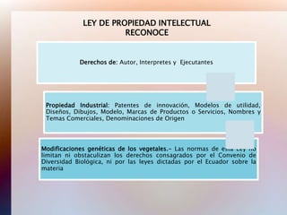 LEY DE PROPIEDAD INTELECTUAL
                       RECONOCE


            Derechos de: Autor, Interpretes y Ejecutantes




 Propiedad Industrial: Patentes de innovación, Modelos de utilidad,
 Diseños, Dibujos, Modelo, Marcas de Productos o Servicios, Nombres y
 Temas Comerciales, Denominaciones de Origen




Modificaciones genéticas de los vegetales.- Las normas de esta Ley no
limitan ni obstaculizan los derechos consagrados por el Convenio de
Diversidad Biológica, ni por las leyes dictadas por el Ecuador sobre la
materia
 