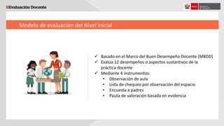 Modelo de evaluación del Nivel inicial
 Basado en el Marco del Buen Desempeño Docente (MBDD)
 Evalúa 12 desempeños o aspectos sustantivos de la
práctica docente
 Mediante 4 instrumentos:
• Observación de aula
• Lista de chequeo por observación del espacio
• Encuesta a padres
• Pauta de valoración basada en evidencia
 