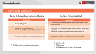 Comités de Evaluación
 Polidocente con director designado
Composición
 Director IE designado
 Subdirector de inicial designado; o
Docente de inicial de una escala superior de otra IEl
 Docente de inicial de una escala superior de otra IEI
Comité de Evaluación de Institución Educativa
 Unidocente
 Multigrado
 Polidocente sin director designado
Composición
 Especialista de inicial designado por concurso (de primaria, si no
existe de inicial)
 Especialista de inicial designado por concurso de una escala igual o
superior; o
Docente de inicial de una escala igual o superior de otra Iel
 Docente de inicial de una escala igual o superior de otra IEI
Comité de Evaluación de Ugel
 