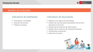 Modelo de Evaluación
Indicadores de habilidades Indicadores de desempeño
 Orientación a resultados
 Vocación de servicio
 Trabajo en equipo
 Mejora en los logros de aprendizaje.
 Gestión de recursos para la prestación del servicio
educativo en las II.EE.
 Gestión de los sistemas de información.
 Gestión de los sistemas de evaluación docente.
 Planificación y ejecución.
 Atención al usuario.
 